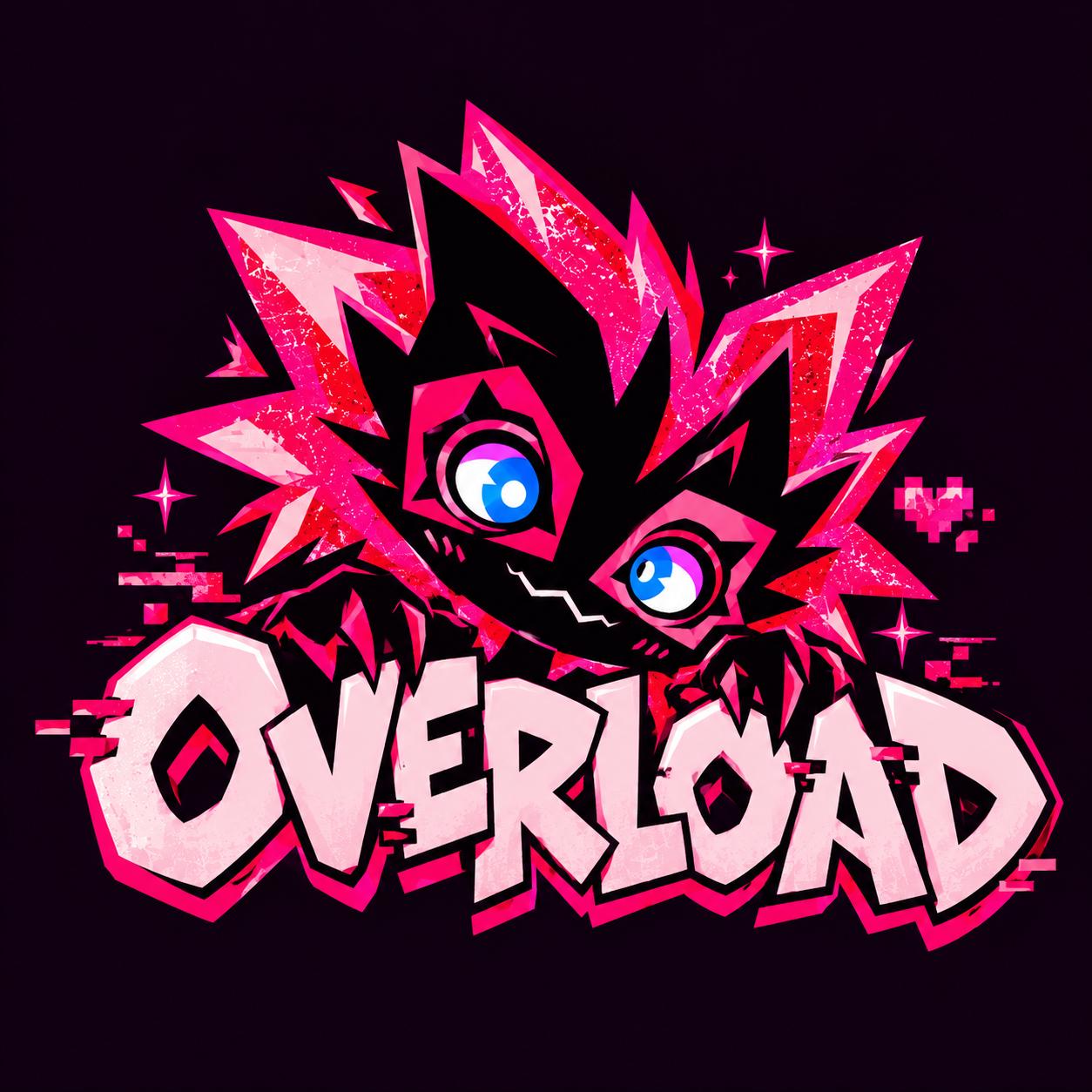 Overload's mischievous pink glitch creature with bright eyes and a jagged wordmark